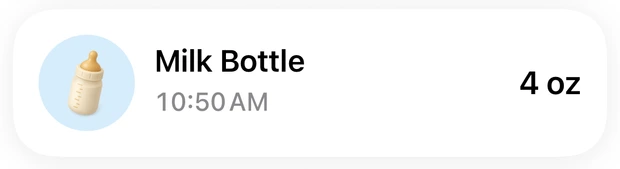 Bottle feeding entry: 4 ounces at 10:50 AM.