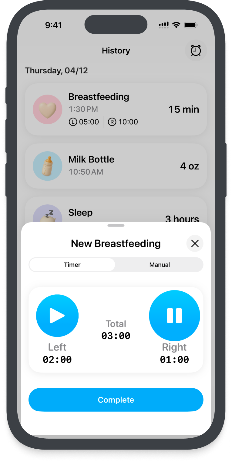 Complete LUNAMA breastfeeding screen, including the status bar, Timer and Manual options, left and right timers, and the Complete button.