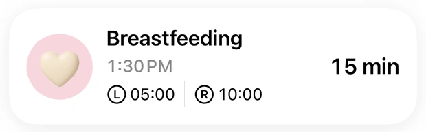 Breastfeeding entry: 15 minutes, with 5 minutes left and 10 minutes right.
