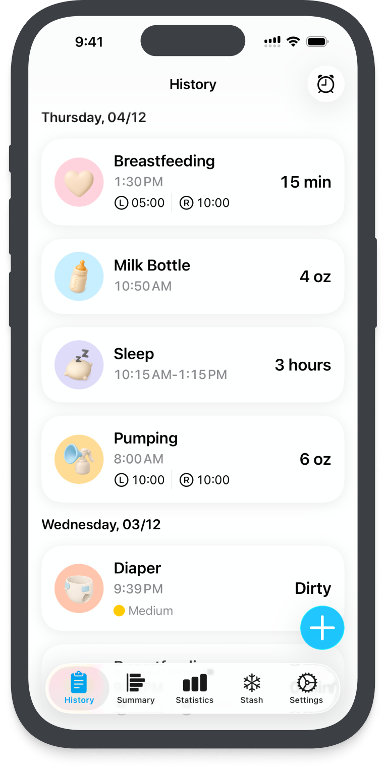 LUNAMA History showing breastfeeding, a bottle, sleep, pumping, and a diaper change in one timeline.