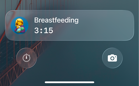 Breastfeeding Live Activity displaying a 3:15 timer on the Lock Screen.