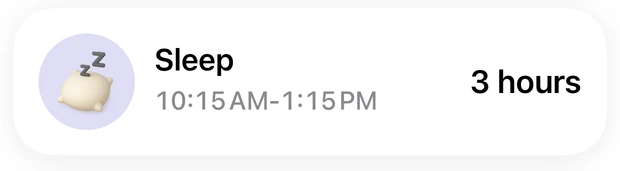 Sleep entry: 3 hours, from 10:15 AM to 1:15 PM.