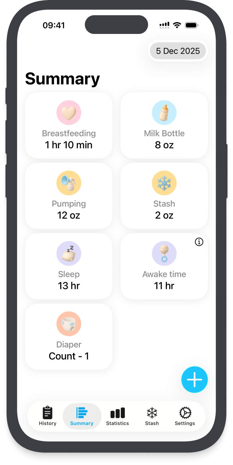 LUNAMA daily summary with totals for breastfeeding, bottles, pumping, milk stash, sleep, awake time, and diapers.